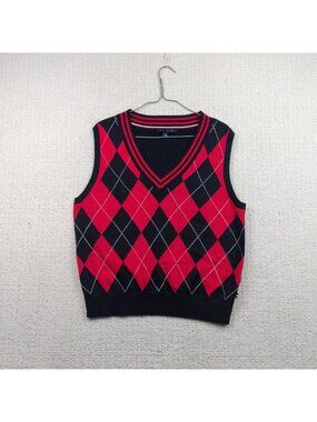 Tommy Hilfiger Men’s Size L Red Argyle Sweater Vest V Neck Dark Academia Preppy